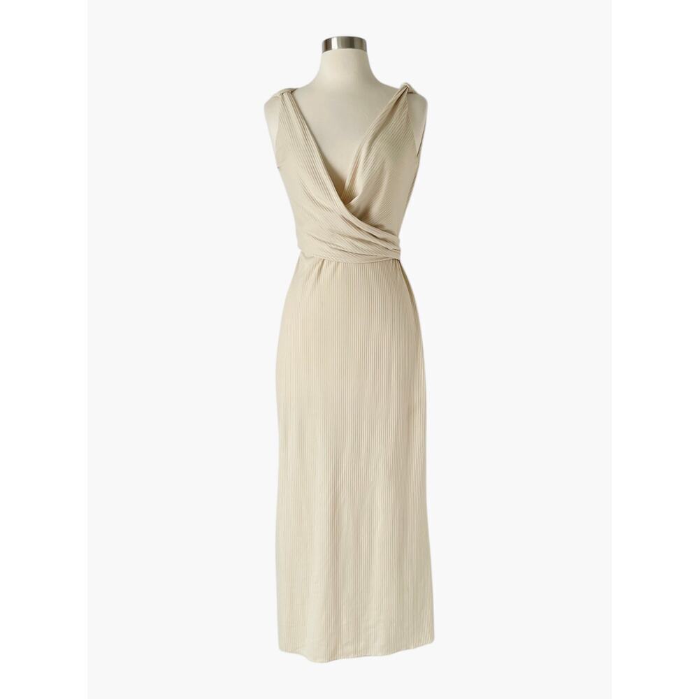 Mayle Vasquez Palmarena Dress XS Beige Cream Ribbed Midi Wrap Tie Waist - Picture 6 of 6